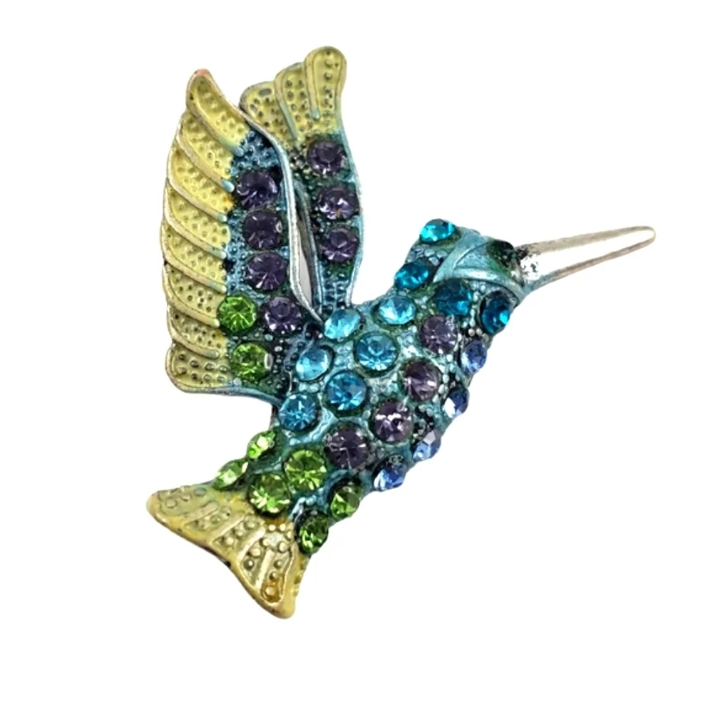 Vintage Hummingbird Brooch Pin rhinestones in purple blue teal lime green